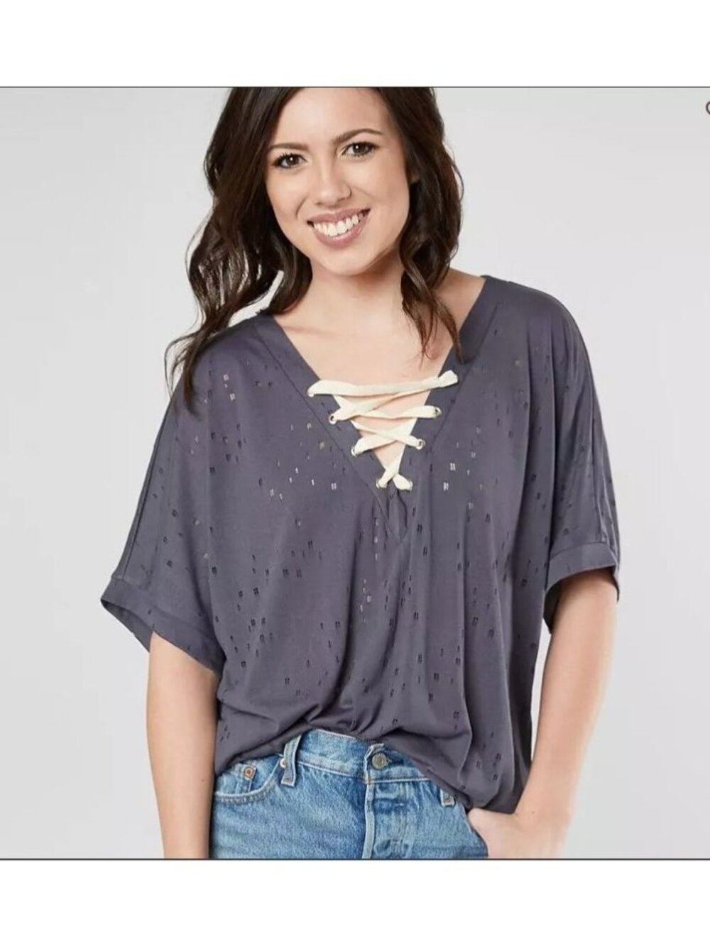 Daytrip Womens Tattered Lace Up V-Neck Top-Graystone-Size Medium-GUC